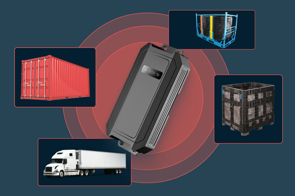 Central GPS tracking device surrounded by images of a shipping container, freight truck, metal pallet cage, and plastic bulk container, illustrating asset tracking across various OEM supply chain assets.