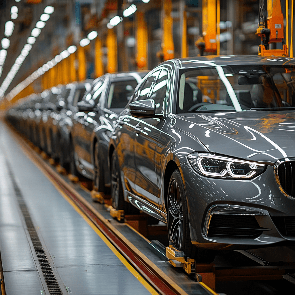 Row of new gray sedans on an automotive assembly line in a brightly lit manufacturing facility, highlighting large-scale vehicle production.