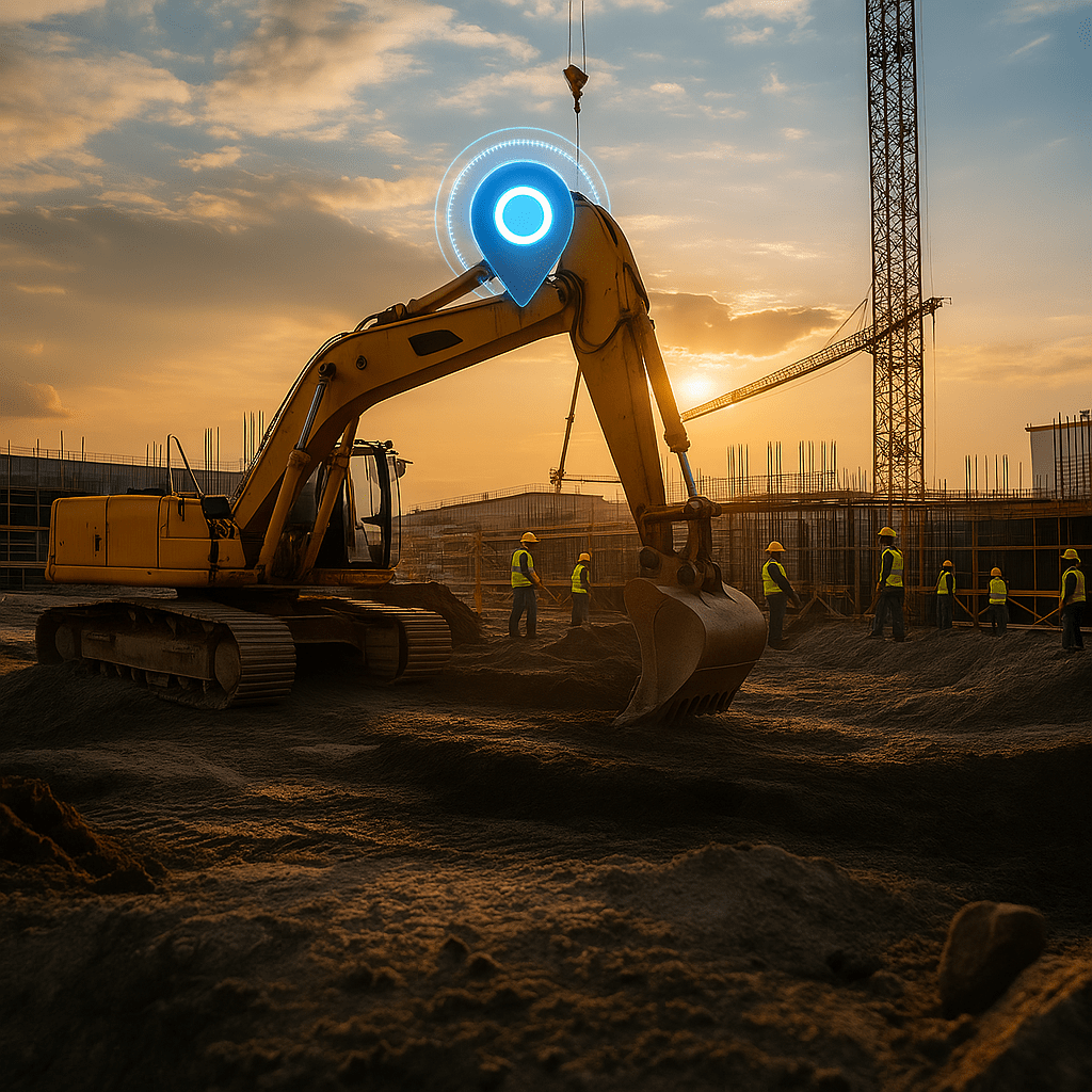Blue futuristic GPS marker displayed above the rear of a yellow excavator on a busy construction site at sunset with workers and cranes in the background.