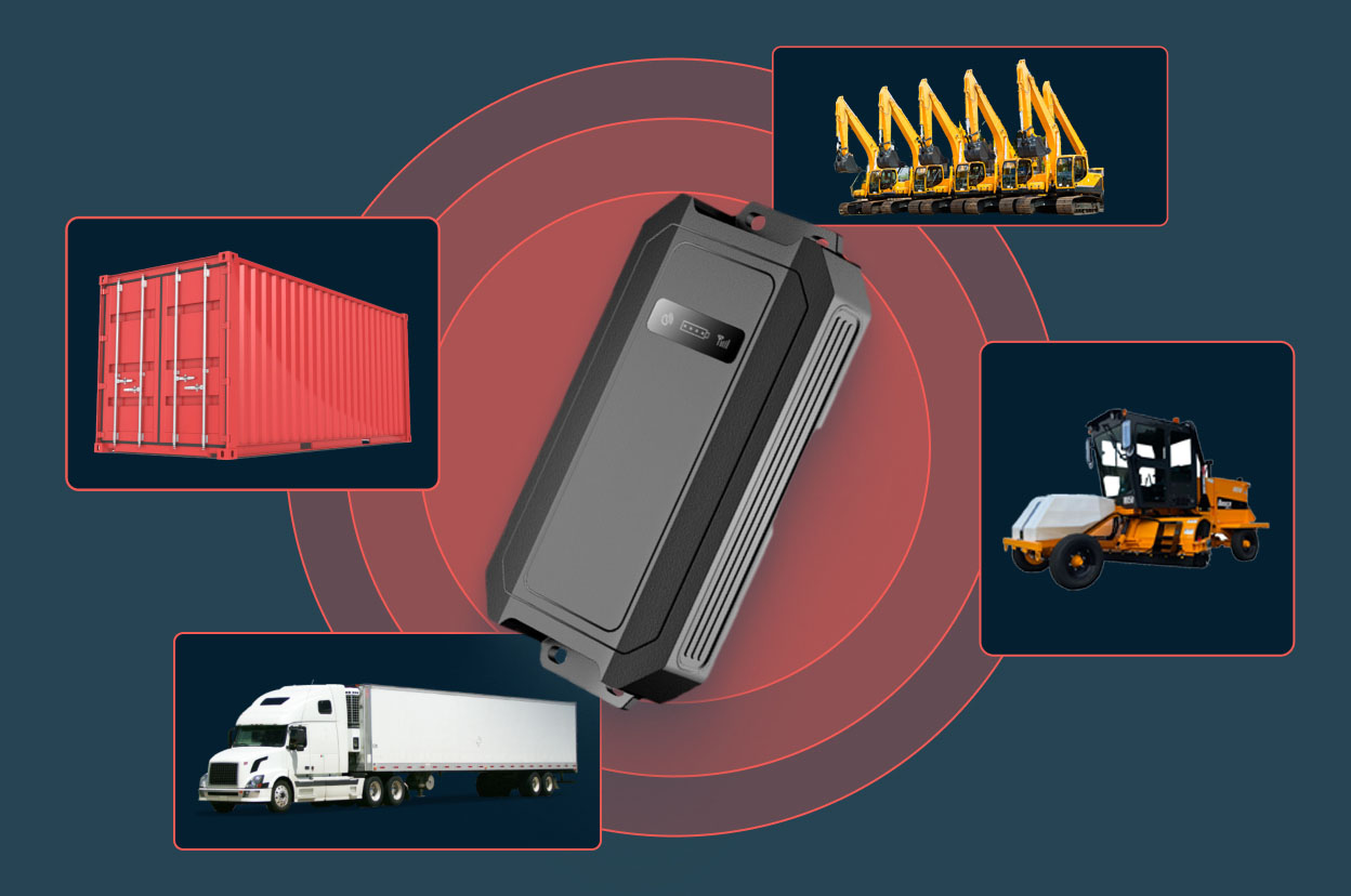 GPS tracking device surrounded by images of a truck, shipping container, construction vehicles, and heavy machinery, illustrating asset tracking use cases.