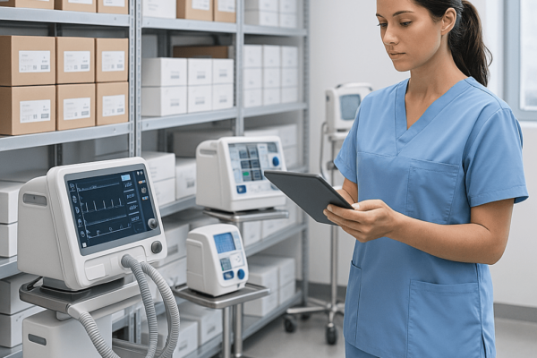 Healthcare professional in blue scrubs using a tablet to monitor ventilators and medical devices in a clean, organized hospital storeroom with shelves of labeled equipment boxes.