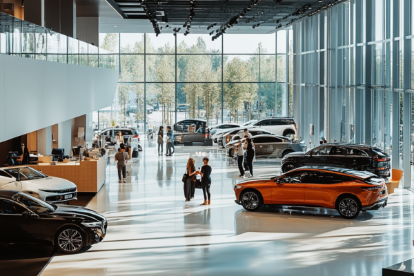 Spacious, glass-walled car dealership showroom with multiple vehicles on display and customers interacting with staff.