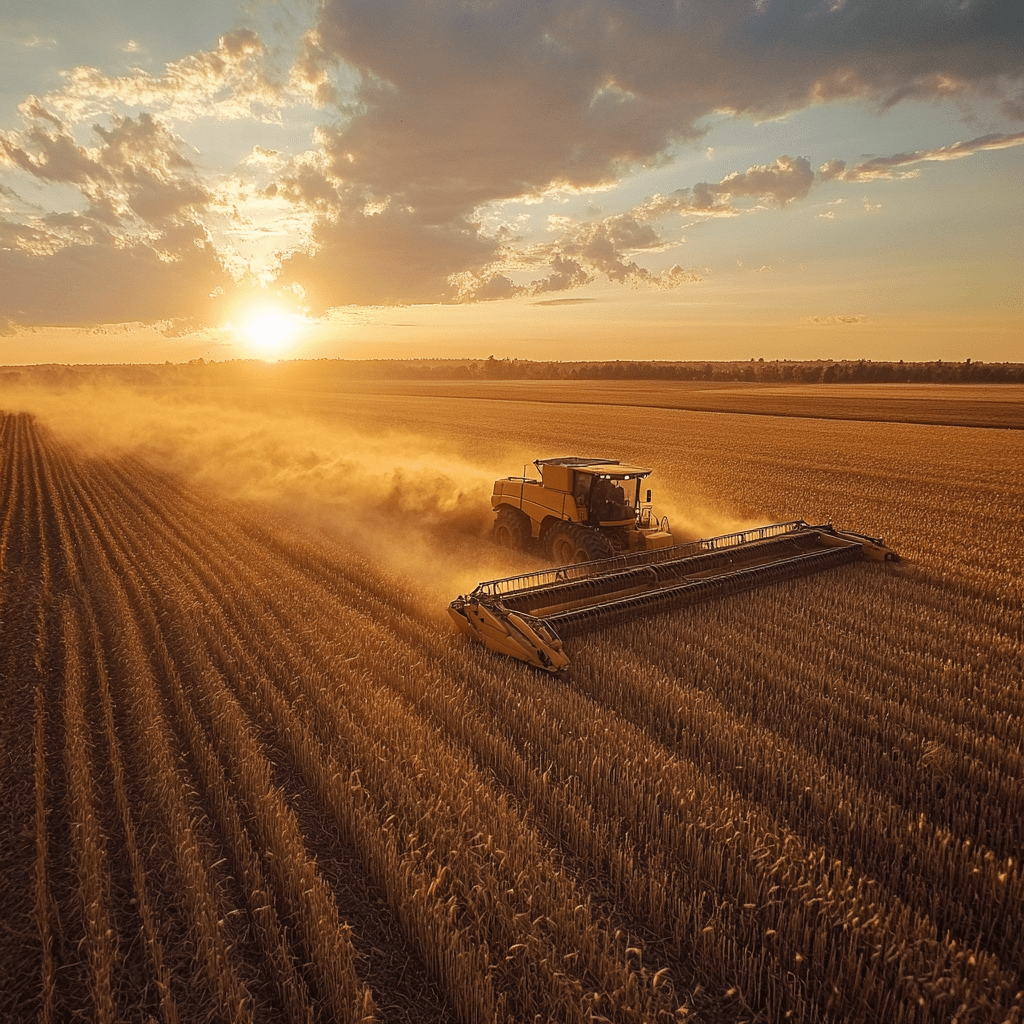 A yellow combine harvester harvesting a golden wheat field at sunset, creating a trail of dust under a dramatic sky