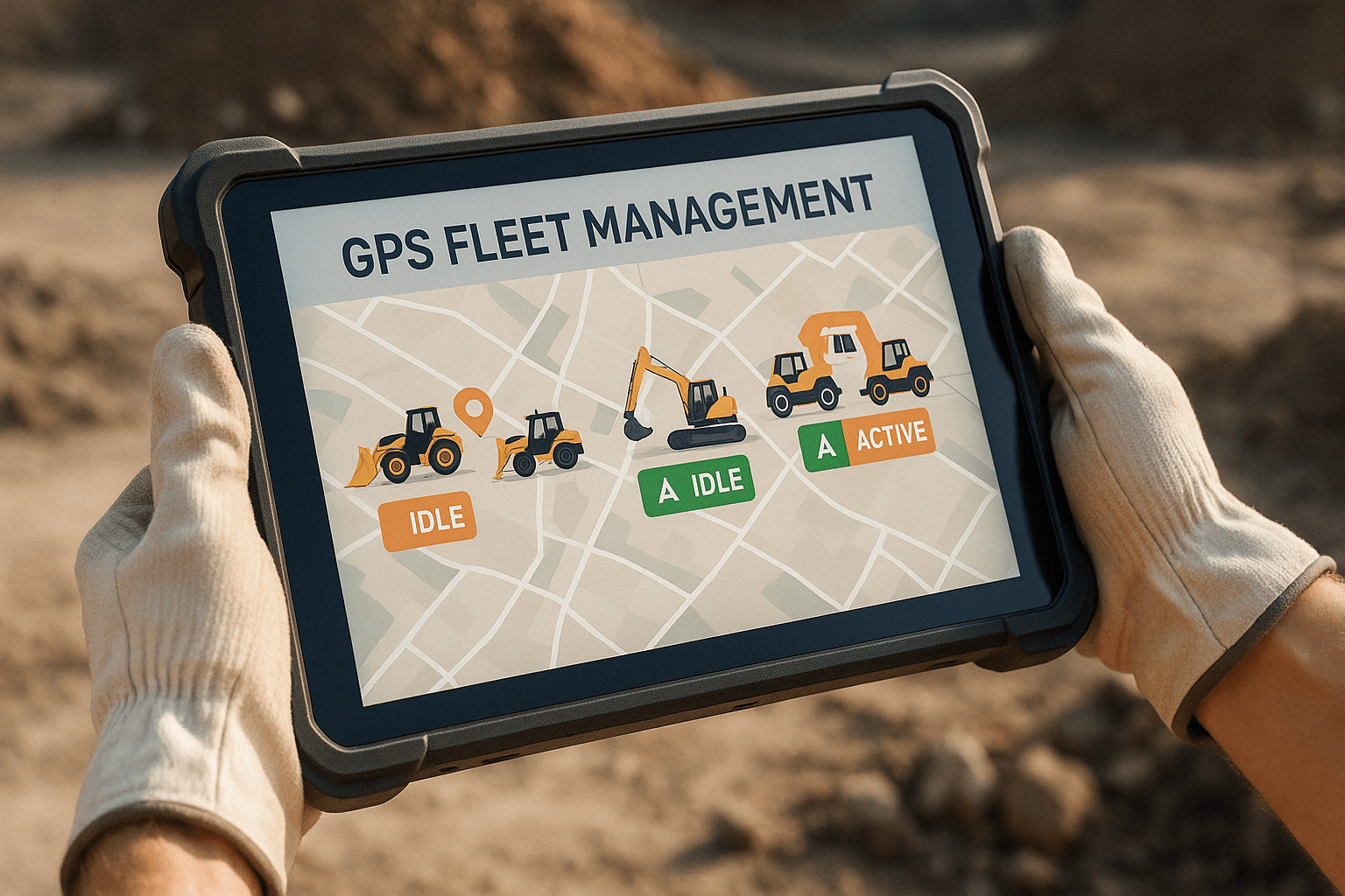 GPS fleet management dashboard on tablet showing construction equipment status