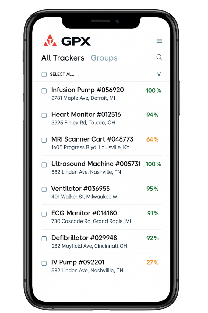 Transparent PNG of a smartphone displaying the GPX mobile app, showing real-time tracking of medical devices with color-coded statuses, device IDs, and locations, designed for operational efficiency in healthcare environments.