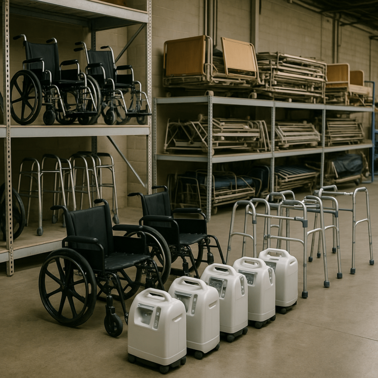 Warehouse storage area with wheelchairs, walkers, oxygen concentrators, and hospital bed components under diffused lighting.