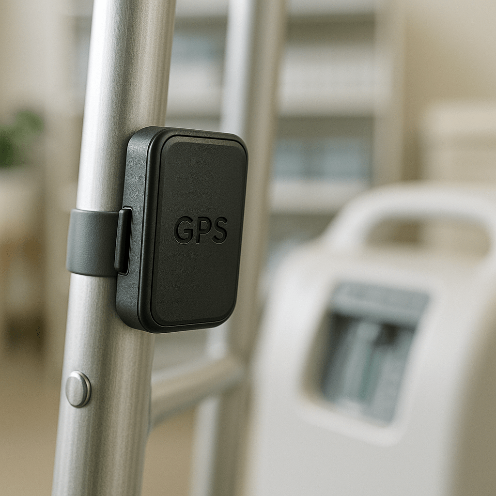  Matte black GPS tracker clipped onto the aluminum frame of a medical walker with a softly blurred background.