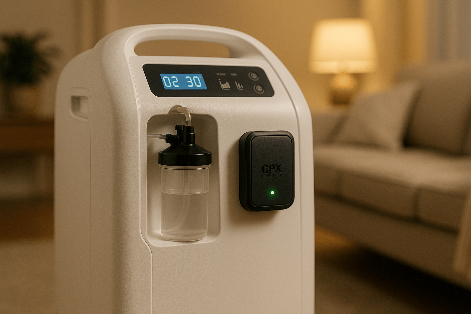  Home-use oxygen concentrator with a GPX Intelligence tracking device and green LED light in a warm living room setting.