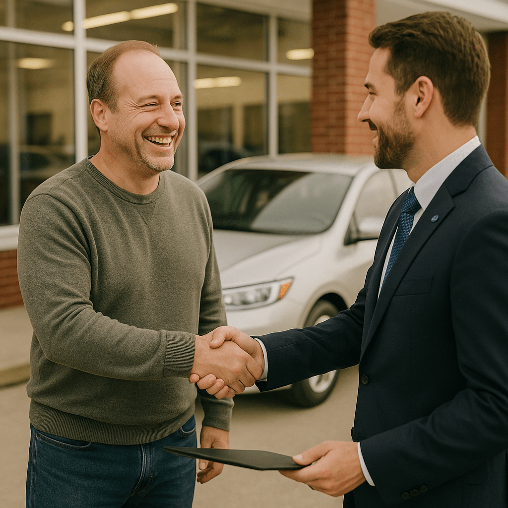 Satisfied BHPH customer shaking hands with dealership staff, benefiting from secure financing options offered with GPX GPS tracking for car dealerships.