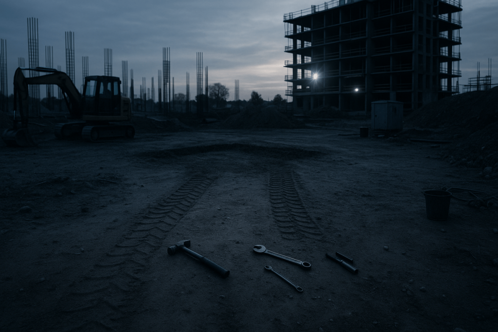 Construction site at dusk showing the impact of equipment theft, highlighting the need for a GPS tracker for stolen equipment.