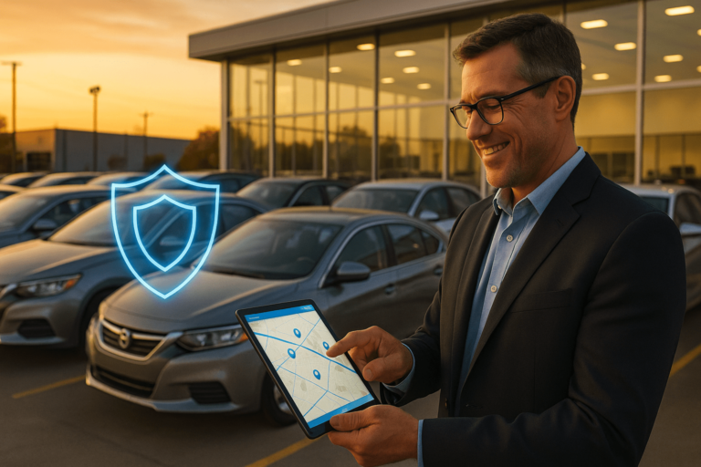 Dealership manager using GPX GPS tracking for car dealerships on a tablet to manage inventory security and protect assets.