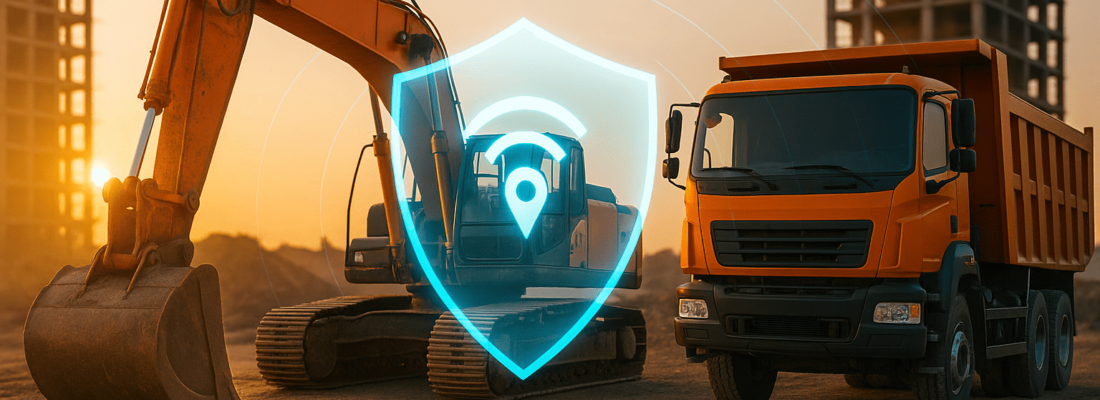 A GPS tracker for stolen equipment provides security for a construction excavator and truck on a job site.
