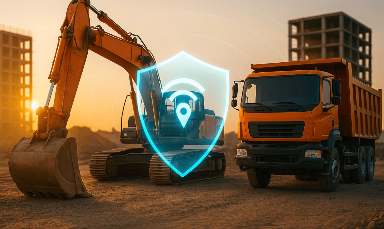 A GPS tracker for stolen equipment provides security for a construction excavator and truck on a job site.