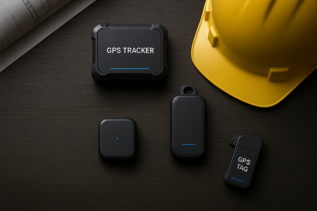 GPX GPS tracker solutions for stolen equipment, including AssetTrack and AssetTag, displayed with construction helmet and blueprints.