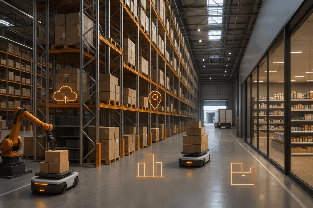A modern warehouse showcasing automated inventory lifecycle management, with a robotic arm and mobile robots streamlining the flow of goods from shelves to the shipping dock for complete end-to-end visibility.