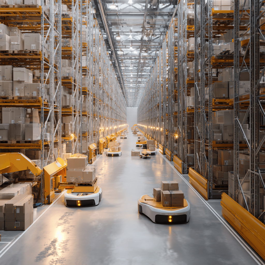 An automated warehouse with robotic carriers moving packages to streamline internal routes, demonstrating how real-time tracking solutions eliminate operational delays and maximize logistics efficiency.