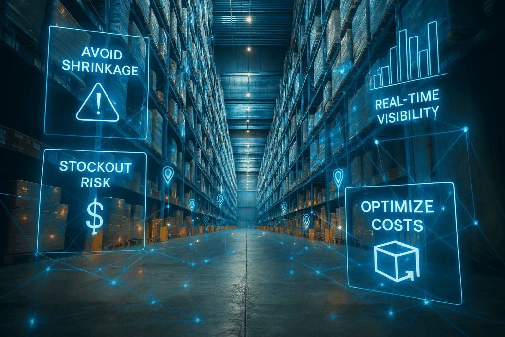 An infographic in a warehouse aisle showing the key benefits of an inventory tracking system, with icons for avoiding shrinkage, mitigating stockout risk, achieving real-time visibility, and optimizing costs.