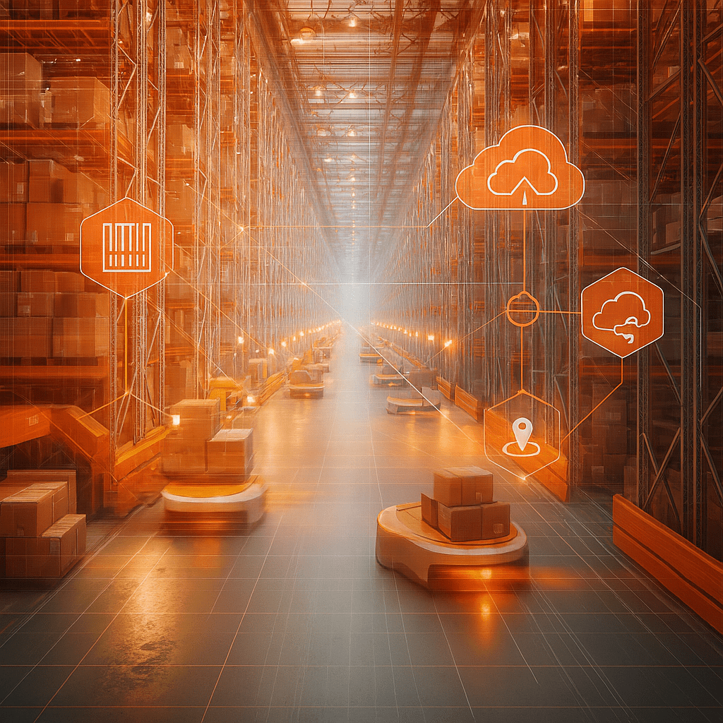A futuristic warehouse using automated robots and a cloud-based inventory tracking platform to ensure end-to-end visibility and seamless scalability for business growth.