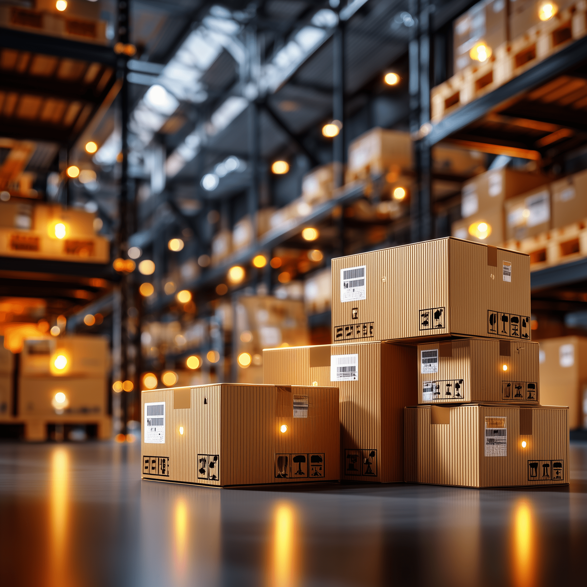 A close-up of neatly stacked boxes with tracking labels, representing high-value inventory that requires item-level visibility and accurate real-time stock management.