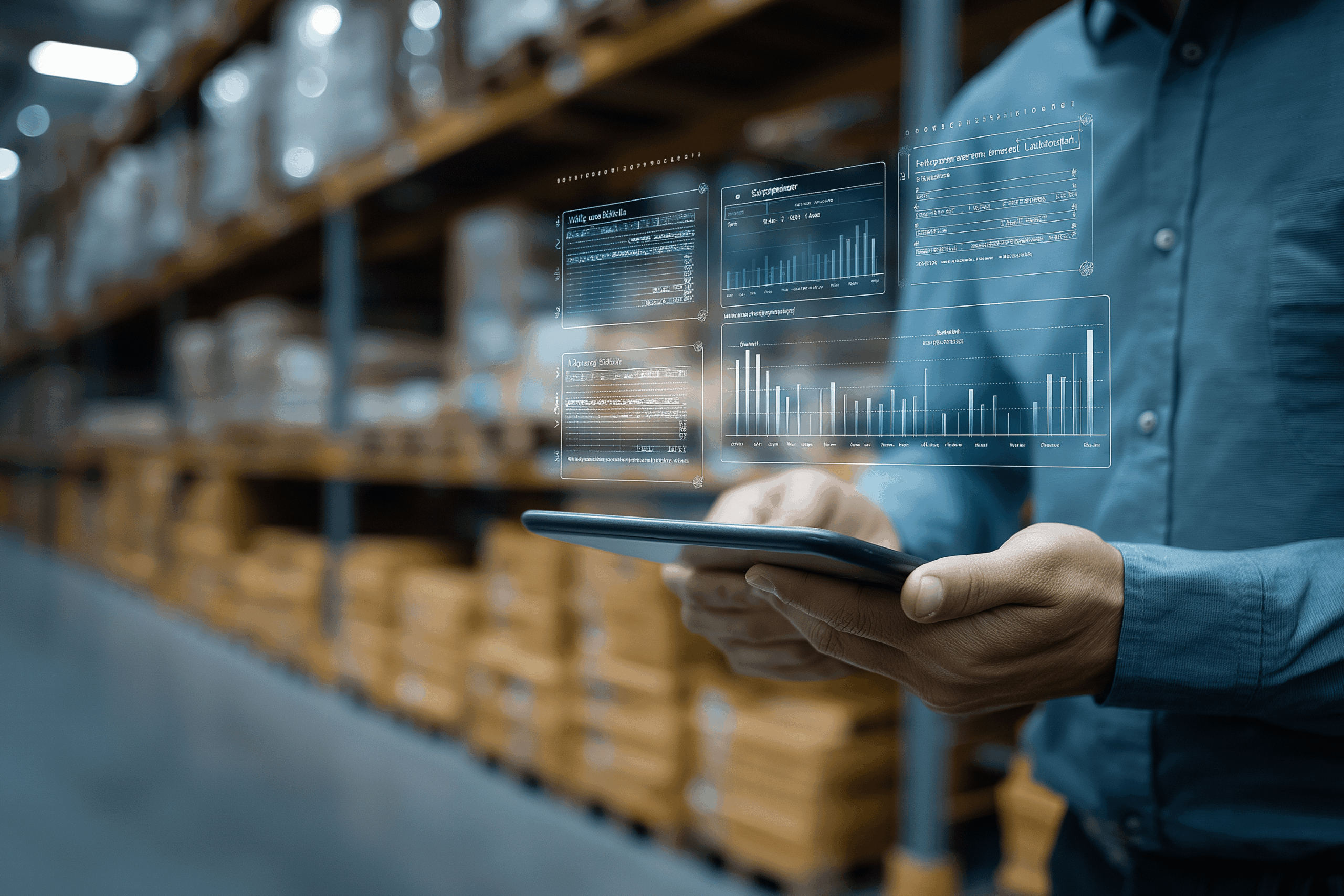 A supply chain manager uses a tablet to view a predictive inventory analytics dashboard, gaining actionable insights to optimize stock levels and prevent stockouts.