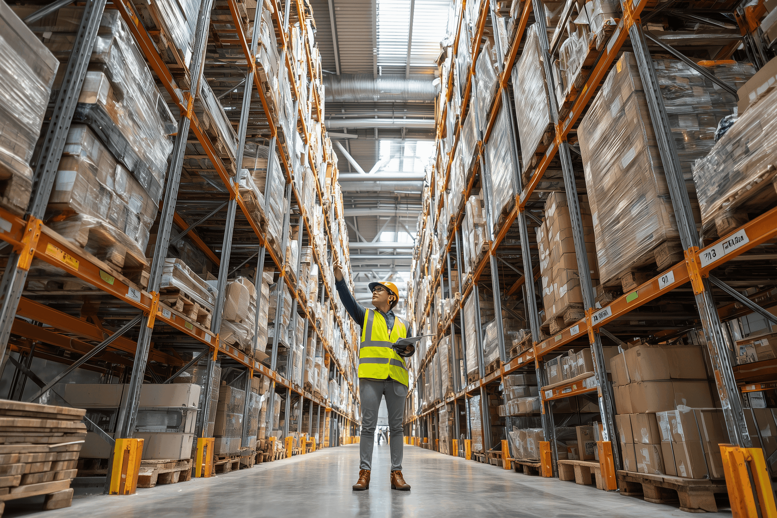 A warehouse manager in a well-lit aisle uses a real-time inventory tracking solution to locate a pallet on high shelves, demonstrating warehouse optimization and asset visibility.