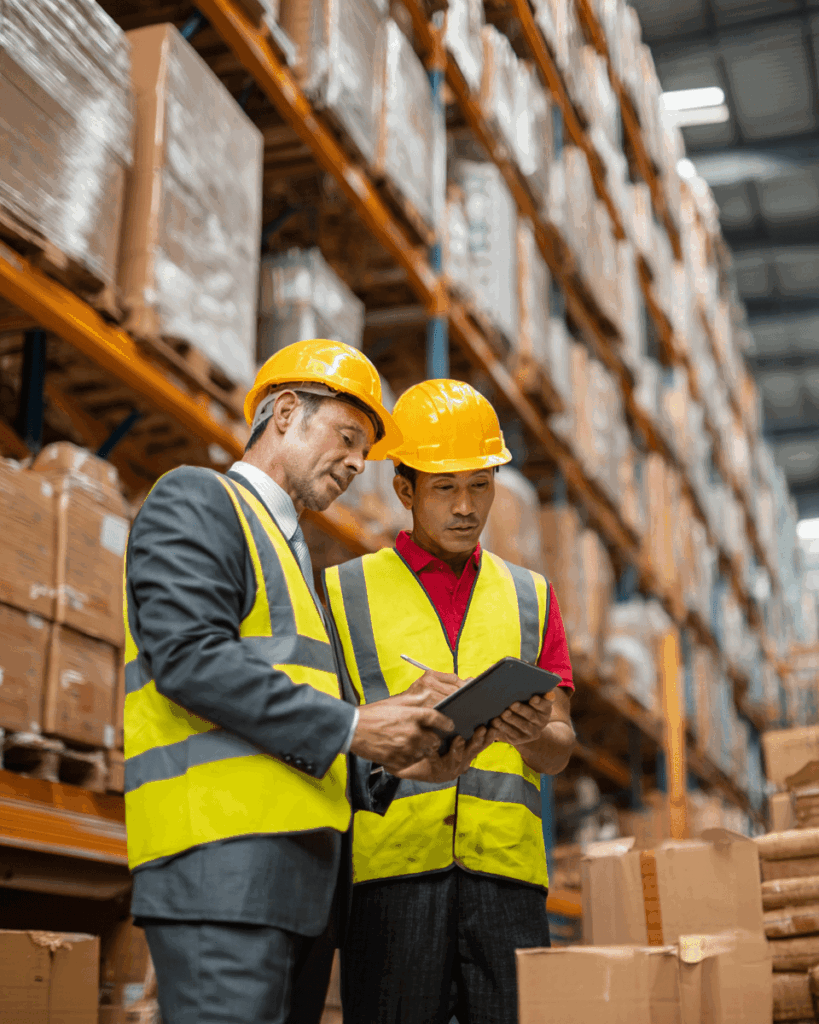 A warehouse manager and employee collaborate over a tablet, using real-time tracking data to optimize logistics, improve labor efficiency, and ensure proactive management.
