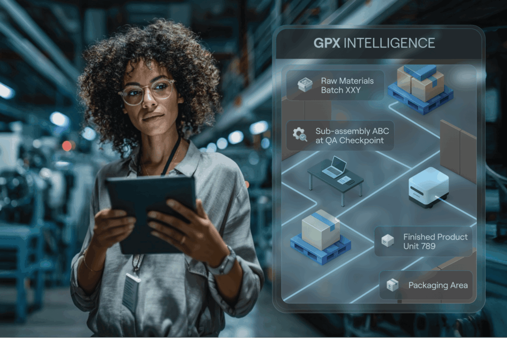 A manufacturing manager using a tablet to view an advanced tracking system that streamlines production by monitoring raw materials, sub-assemblies, and finished goods in real-time.