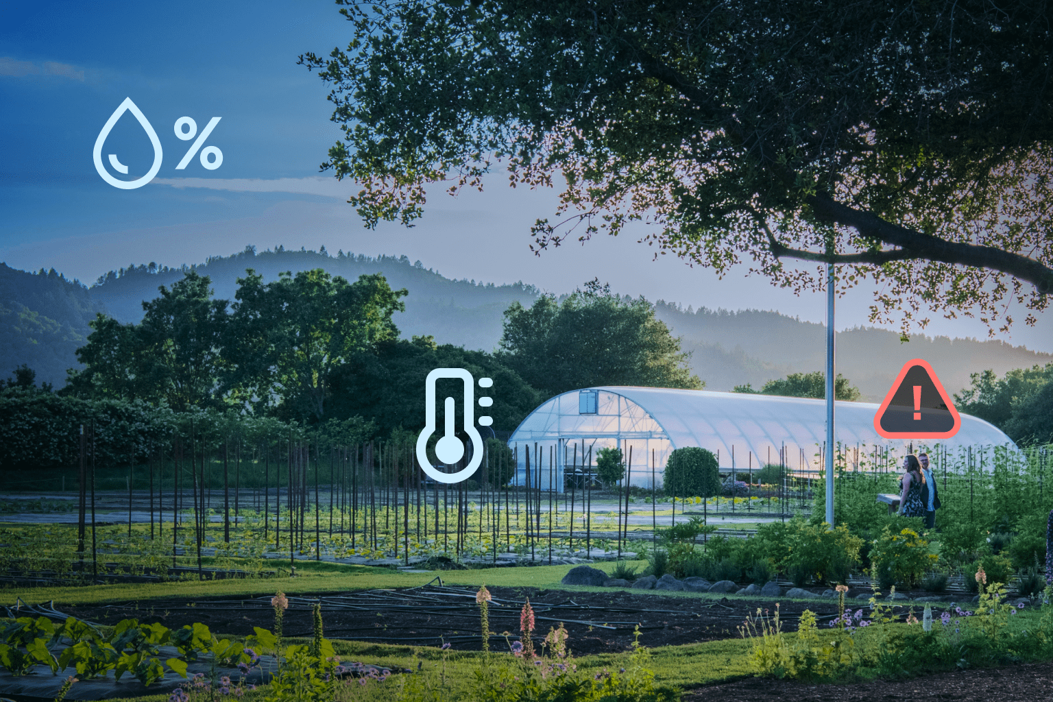 A farm scene with a greenhouse, featuring icons for temperature, humidity, and real-time alerts to illustrate advanced tracking for high-value agricultural goods.