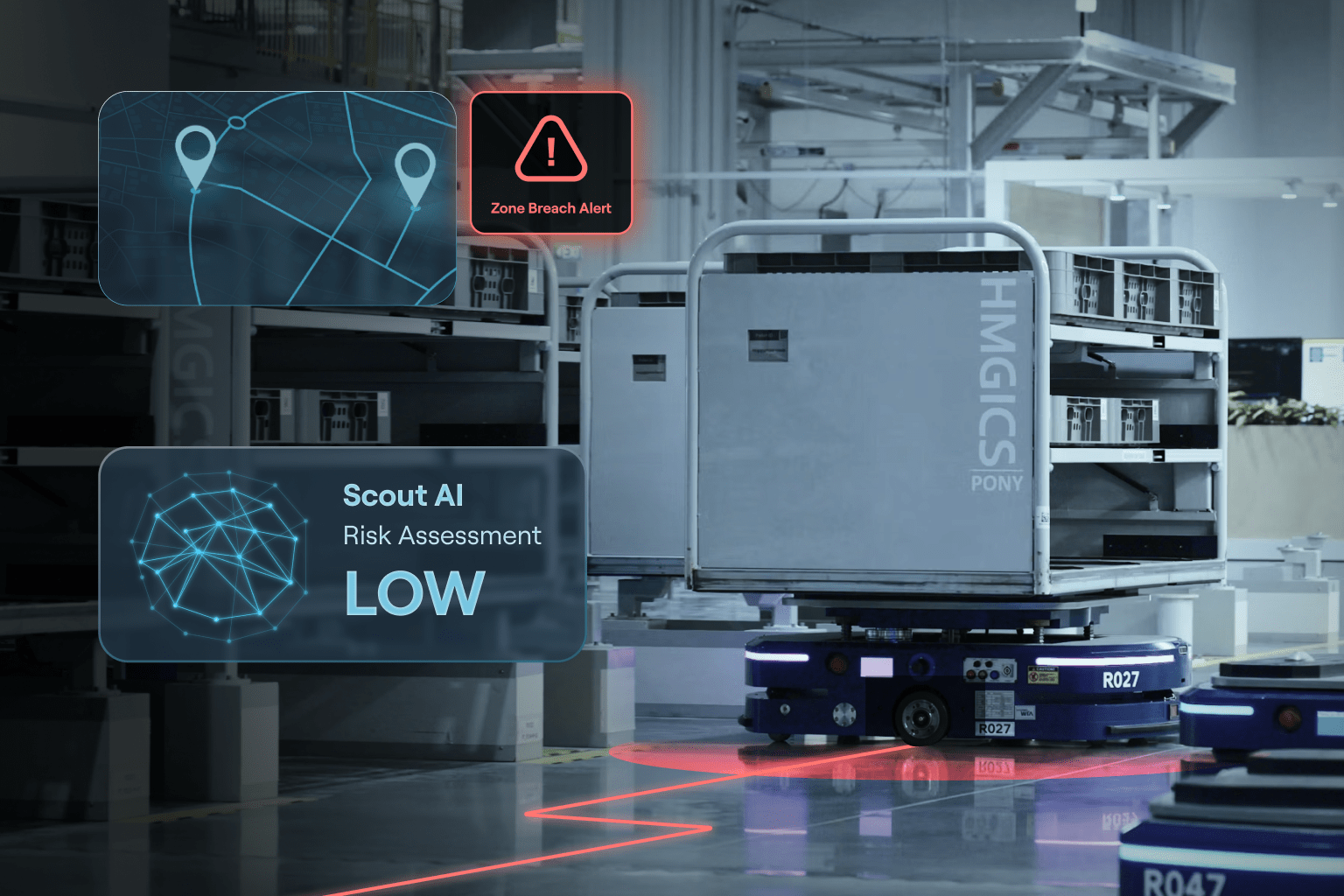Advanced tracking technology for high-value goods, showing an autonomous robot with UI overlays for a real-time 'Zone Breach Alert' and a 'Scout AI Risk Assessment'.