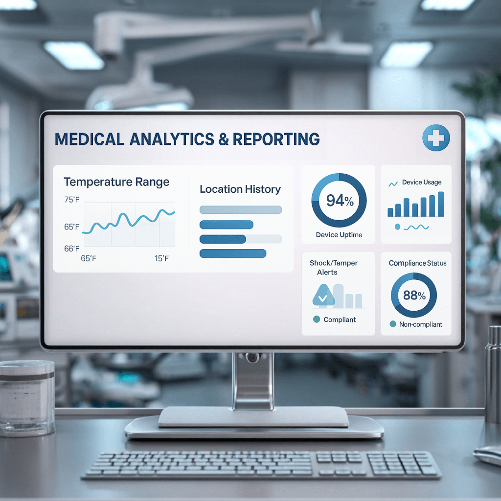 A medical analytics and reporting dashboard on a computer screen, showing actionable insights like device uptime, usage, and compliance status to optimize performance.