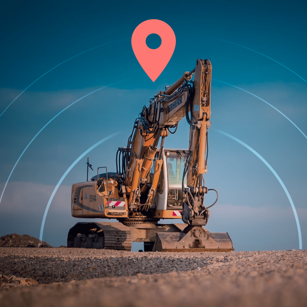 A large excavator on a construction site with a location pin icon above it, illustrating the use of real-time asset tracking to prevent equipment theft and misplacement.