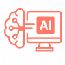 Minimalist coral icon of an AI-powered platform, featuring a stylized brain connected to a computer monitor displaying “AI,” symbolizing artificial intelligence and real-time data processing.