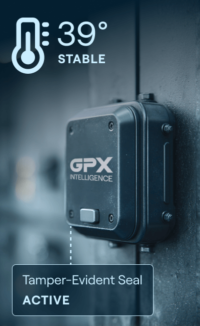A GPX Intelligence industrial tracker providing advanced environmental monitoring, with overlays showing a stable temperature reading and an active tamper-evident seal.